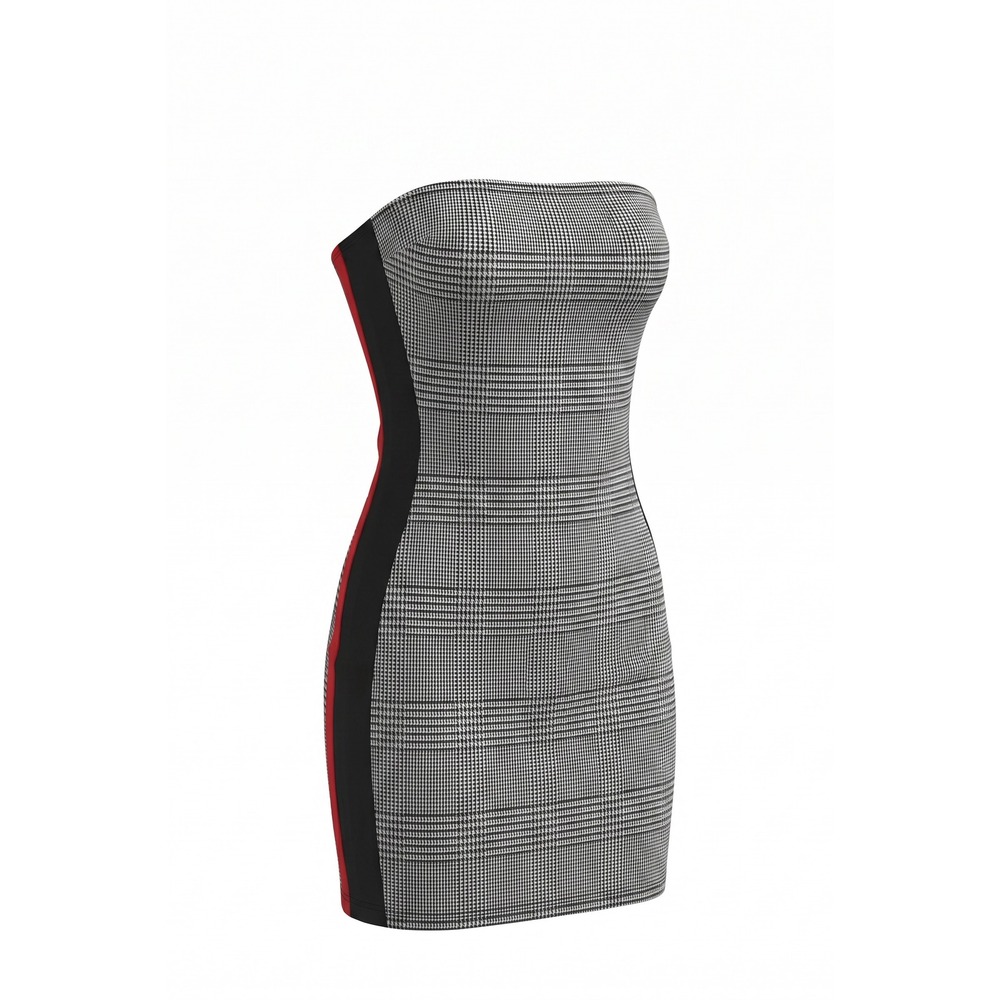 Glen Plaid Strapless Bodycon Mini Dress Grey Red Black Racing Stripe Tube Dress